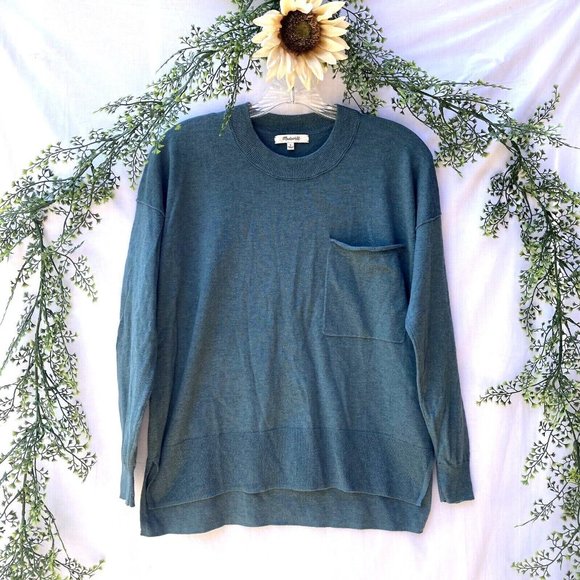 Madewell Pullover Sweater Small Linen Pocket Long Sleeve Teal Blue Crewneck S
